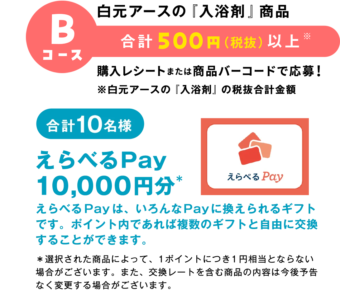 Bコース 白元アースの『入浴剤』商品 合計500円（税抜）以上※ 購入レシートまたは商品バーコードで応募！ ※白元アースの『入浴剤』の税抜合計金額 合計10名様 えらべるPay 10,000円分＊ えらべるPayは、いろんなPayに換えられるギフトです。ポイント内であれば複数のギフトと自由に交換することができます。＊選択された商品によって、1ポイントにつき1円相当とならない場合がございます。また、交換レートを含む商品の内容は今後予告なく変更する場合がございます。