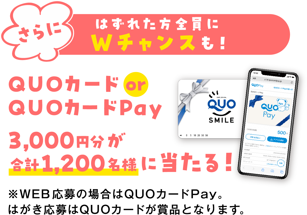 さらにはずれた方全員にWチャンスも！QUOカード or QUOカードPay3,000円分が合計1,200名様に当たる！※WEB応募の場合はQUOカードPay。はがき応募はQUOカードが商品となります。